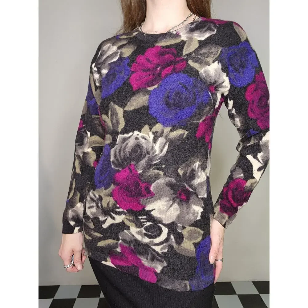 80s Vintage Lambswool Colorful Pink Blue Floral Fuzzy Long Sleeve Sweater Sz M - Picture 3 of 8